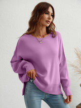 Exposed Seam Dropped Shoulder Slit Sweater - SHE BADDY© ONLINE WOMEN FASHION & CLOTHING STORE