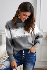Color Block High Neck Lantern Sleeve Pullover Sweater - SHE BADDY© ONLINE WOMEN FASHION & CLOTHING STORE