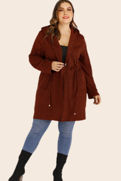 Plus Size Drawstring Waist Hooded Cardigan with Pockets - SHE BADDY© ONLINE WOMEN FASHION & CLOTHING STORE