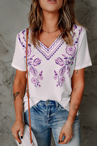 Floral Embroidery V-Neck Top - SHE BADDY© ONLINE WOMEN FASHION & CLOTHING STORE