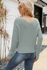 Waffle-Knit Drawstring Detail V-Neck Sweater - SHE BADDY© ONLINE WOMEN FASHION & CLOTHING STORE