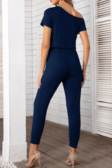 Asymmetrical Neck Short Sleeve Jumpsuit - SHE BADDY© ONLINE WOMEN FASHION & CLOTHING STORE