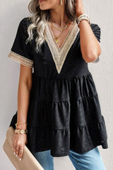 Contrast Short Sleeve Tiered Blouse - SHE BADDY© ONLINE WOMEN FASHION & CLOTHING STORE