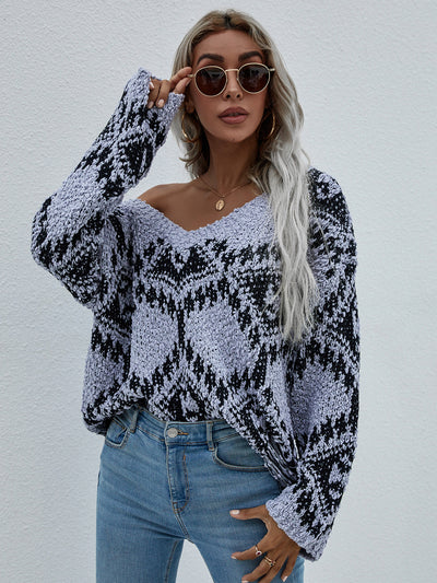 Geometric Print Chunky Knit Sweater - SHE BADDY© ONLINE WOMEN FASHION & CLOTHING STORE