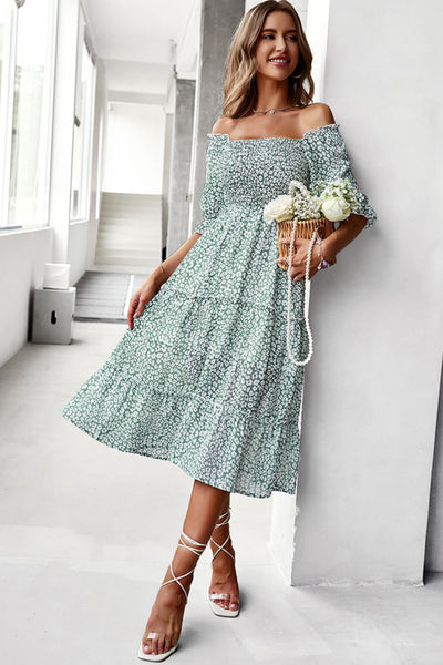 Ditsy Floral Off-Shoulder Smocked Midi Dress - SHE BADDY© ONLINE WOMEN FASHION & CLOTHING STORE