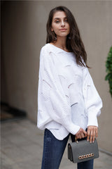 Openwork Boat Neck Sweater with Scalloped Hem - SHE BADDY© ONLINE WOMEN FASHION & CLOTHING STORE