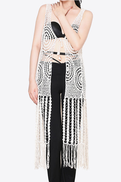 Tie Front Fringe Hem Sleeveless Cover Up - SHE BADDY© ONLINE WOMEN FASHION & CLOTHING STORE