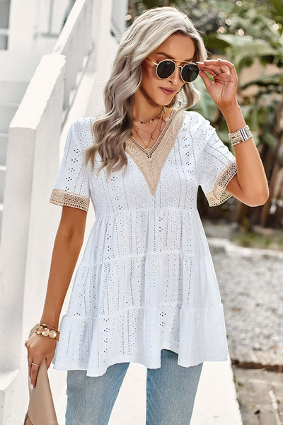 Contrast Short Sleeve Tiered Blouse - SHE BADDY© ONLINE WOMEN FASHION & CLOTHING STORE