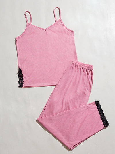 V-Neck Lace Trim Slit Cami and Pants Pajama Set - SHE BADDY© ONLINE WOMEN FASHION & CLOTHING STORE