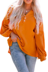 Puff Sleeve Side Slit Buttoned Waffle Knit Hoodie - SHE BADDY© ONLINE WOMEN FASHION & CLOTHING STORE