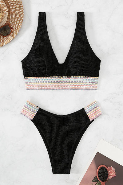 Contrast Textured High Cut Swim Set - SHE BADDY© ONLINE WOMEN FASHION & CLOTHING STORE