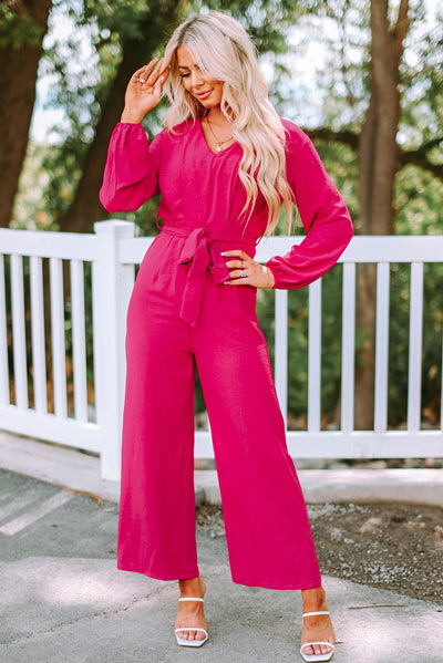 Belted V-Neck Wide Leg Jumpsuit - SHE BADDY© ONLINE WOMEN FASHION & CLOTHING STORE