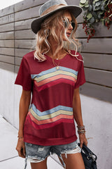 Multicolored Chevron Stripe Round Neck Side Slit T-Shirt - SHE BADDY© ONLINE WOMEN FASHION & CLOTHING STORE