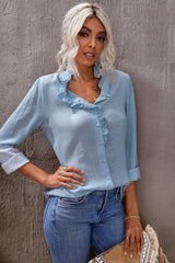 Eyelet Ruffles Button Crinkled Shirt - SHE BADDY© ONLINE WOMEN FASHION & CLOTHING STORE