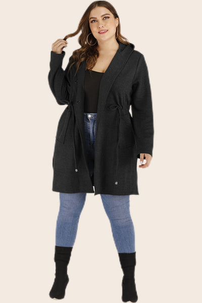 Plus Size Drawstring Waist Hooded Cardigan with Pockets - SHE BADDY© ONLINE WOMEN FASHION & CLOTHING STORE