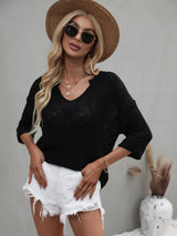 Notched Side Slit Drop Shoulder Sweater - SHE BADDY© ONLINE WOMEN FASHION & CLOTHING STORE