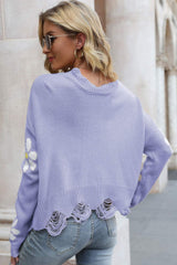 Flower Distressed Ribbed Trim Sweater - SHE BADDY© ONLINE WOMEN FASHION & CLOTHING STORE
