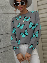 Butterfly Dropped Shoulder Crewneck Sweater - SHE BADDY© ONLINE WOMEN FASHION & CLOTHING STORE