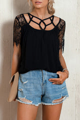 Strappy Neck Spliced Lace Eyelash Trim Blouse - SHE BADDY© ONLINE WOMEN FASHION & CLOTHING STORE