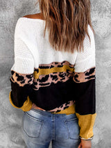 Leopard Color Block V-Neck Rib-Knit Sweater - SHE BADDY© ONLINE WOMEN FASHION & CLOTHING STORE