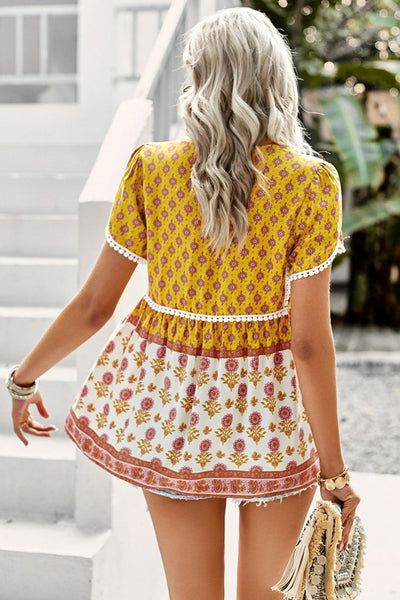 Bohemian Tie Neck Buttoned Blouse - SHE BADDY© ONLINE WOMEN FASHION & CLOTHING STORE