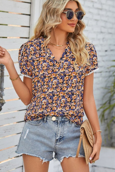 Floral Notched Neck Blouse - SHE BADDY© ONLINE WOMEN FASHION & CLOTHING STORE