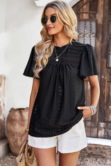 Frill Trim Round Neck Eyelet Puff Sleeve Blouse - SHE BADDY© ONLINE WOMEN FASHION & CLOTHING STORE