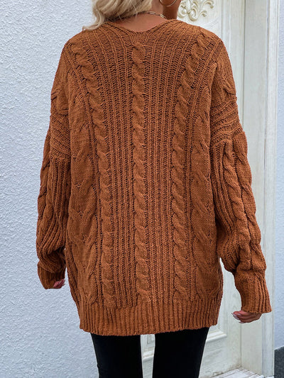 Cable-Knit Open Front Cardigan with Front Pockets - SHE BADDY© ONLINE WOMEN FASHION & CLOTHING STORE