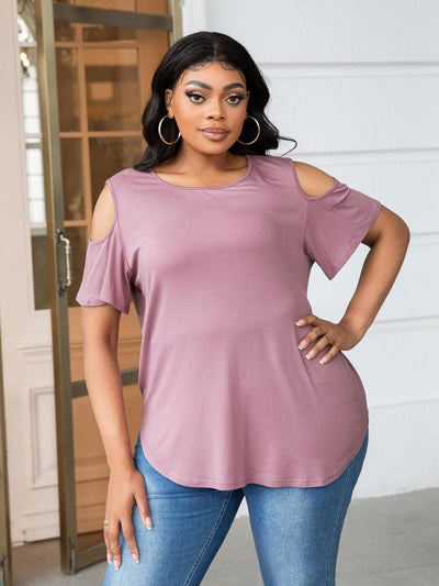 Plus Size Cold-Shoulder Round Neck Curved Hem Tee - SHE BADDY© ONLINE WOMEN FASHION & CLOTHING STORE