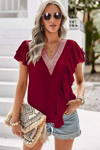 Contrast Ruffle Trim Flutter Sleeve Blouse - SHE BADDY© ONLINE WOMEN FASHION & CLOTHING STORE