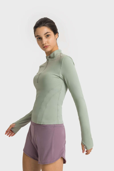 Half Zip Thumbhole Sleeve Sports Top - SHE BADDY© ONLINE WOMEN FASHION & CLOTHING STORE