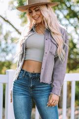 Frayed Trim Snap Down Denim Jacket - SHE BADDY© ONLINE WOMEN FASHION & CLOTHING STORE