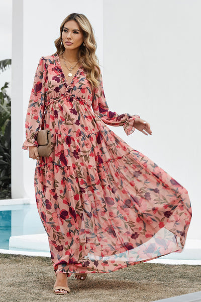 Floral Frill Trim Flounce Sleeve Plunge Maxi Dress - SHE BADDY© ONLINE WOMEN FASHION & CLOTHING STORE