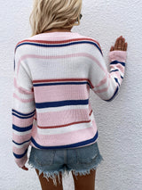 Striped Drop Shoulder Round Neck Pullover Sweater - SHE BADDY© ONLINE WOMEN FASHION & CLOTHING STORE