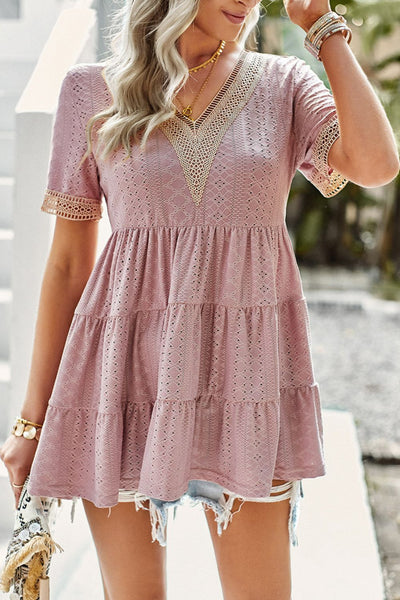 Contrast Short Sleeve Tiered Blouse - SHE BADDY© ONLINE WOMEN FASHION & CLOTHING STORE