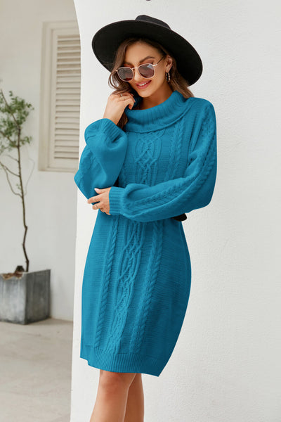 Mixed Knit Turtleneck Lantern Sleeve Sweater Dress - SHE BADDY© ONLINE WOMEN FASHION & CLOTHING STORE