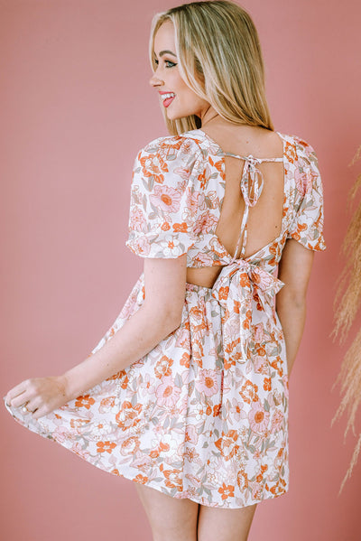 Floral Tie-Back Puff Sleeve Dress - SHE BADDY© ONLINE WOMEN FASHION & CLOTHING STORE