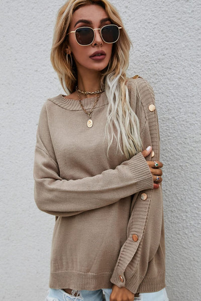 Button Detail Boat Neck Sweater - SHE BADDY© ONLINE WOMEN FASHION & CLOTHING STORE