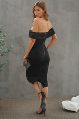 Off-Shoulder Zip-Back Slit Dress - SHE BADDY© ONLINE WOMEN FASHION & CLOTHING STORE