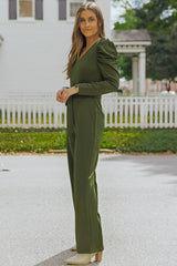 Belted Long Puff Sleeve V-Neck Jumpsuit - SHE BADDY© ONLINE WOMEN FASHION & CLOTHING STORE