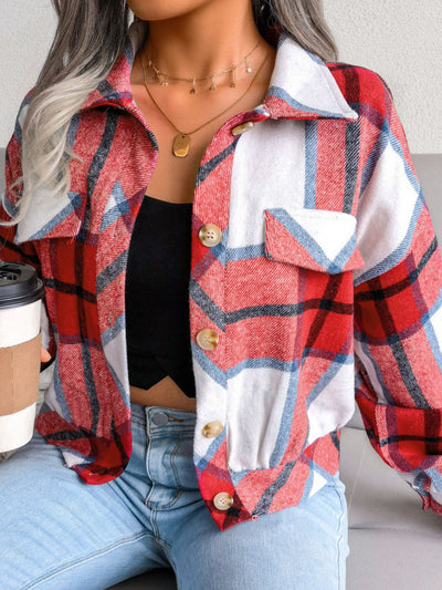 Plaid Collared Neck Drop Shoulder Jacket - SHE BADDY© ONLINE WOMEN FASHION & CLOTHING STORE