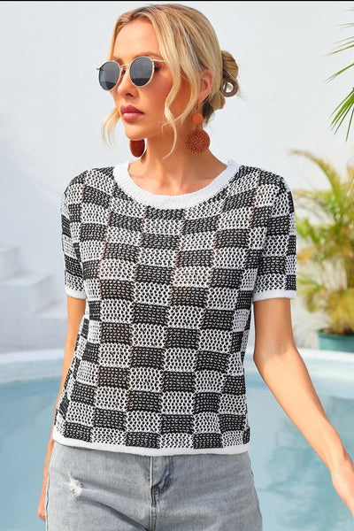 Checkered Short Sleeve Knit Top - SHE BADDY© ONLINE WOMEN FASHION & CLOTHING STORE