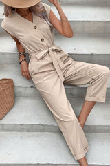 Capped Sleeve Belted V-Neck Jumpsuit - SHE BADDY© ONLINE WOMEN FASHION & CLOTHING STORE