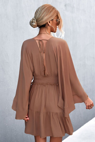 Decorative Button Smocked Waist Surplice Dress - SHE BADDY© ONLINE WOMEN FASHION & CLOTHING STORE