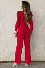 Belted Long Puff Sleeve V-Neck Jumpsuit - SHE BADDY© ONLINE WOMEN FASHION & CLOTHING STORE