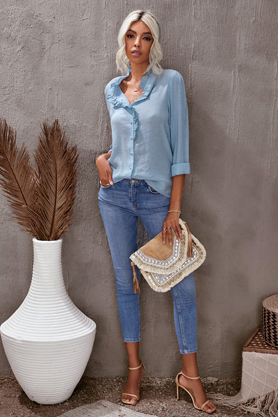 Eyelet Ruffles Button Crinkled Shirt - SHE BADDY© ONLINE WOMEN FASHION & CLOTHING STORE