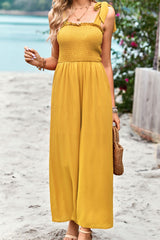 Frill Trim Tie Shoulder Wide Leg Jumpsuit with Pockets - SHE BADDY© ONLINE WOMEN FASHION & CLOTHING STORE