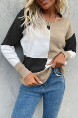 Color Block Ribbed Trim Round Neck Knit Pullover - SHE BADDY© ONLINE WOMEN FASHION & CLOTHING STORE