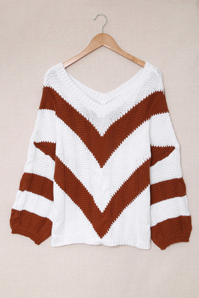 Chevron Cable-Knit V-Neck Tunic Sweater - SHE BADDY© ONLINE WOMEN FASHION & CLOTHING STORE