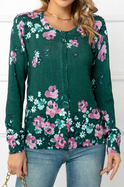 Floral Button Front Round Neck Cardigan - SHE BADDY© ONLINE WOMEN FASHION & CLOTHING STORE